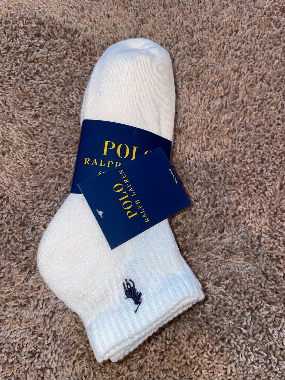 NWT 6 pair  Polo by Ralph Lauren White Ankle Socks with Navy Logo one size